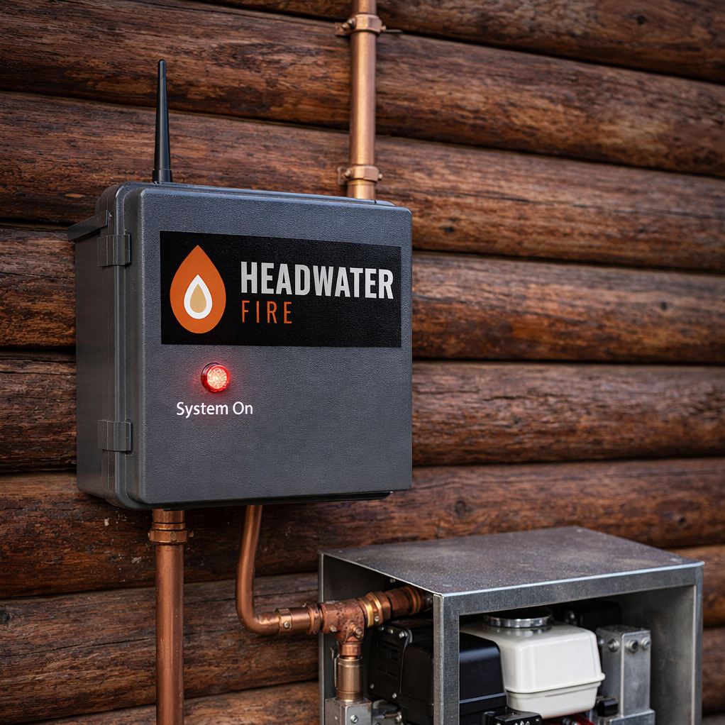 Headwater Fire Permanent Wildfire Defense System — professionally installed roof sprinklers